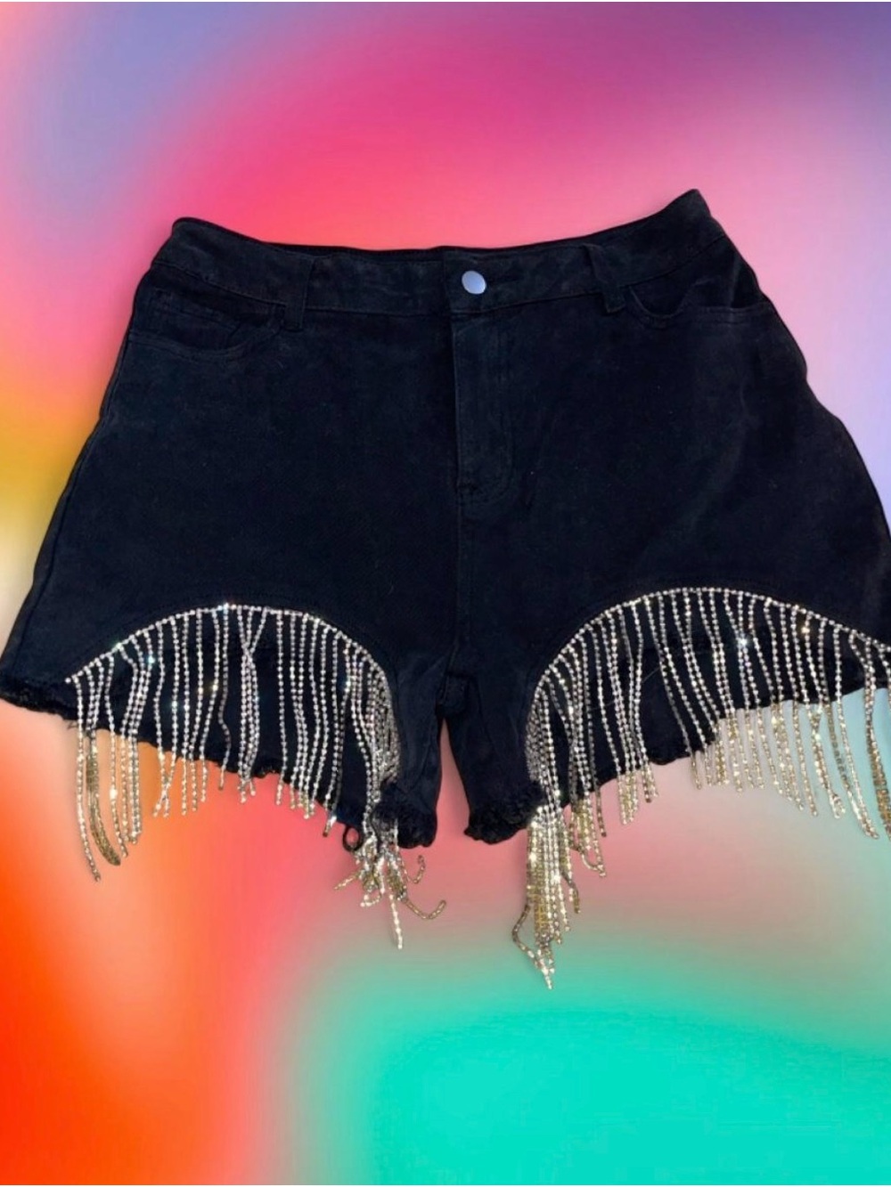 Grunge Forever 21 Black Denim Shorts with Rhinestone Fringe Whimsygoth